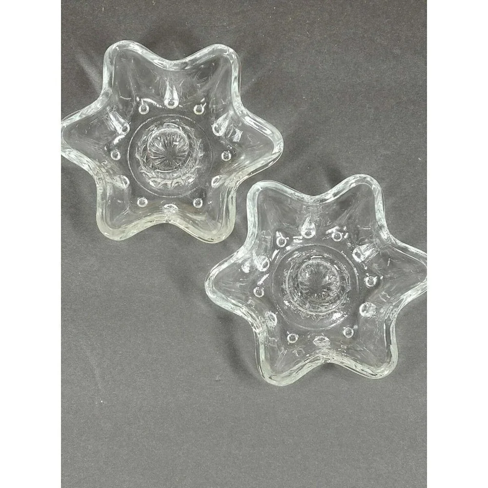Set of 4 Candle holders Star-Shaped Clear Glass 6-points Taper Vintage